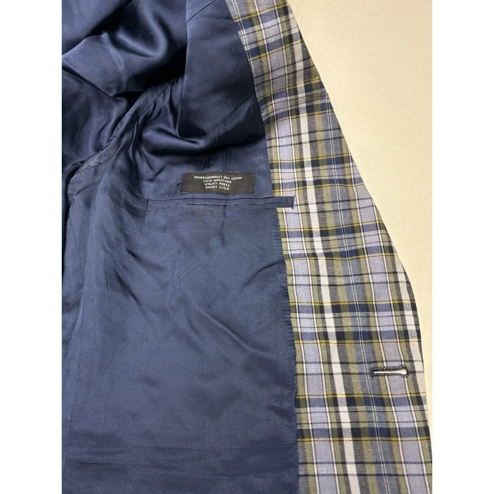 Jos A Bank Mens 44S Plaid Sport Coat Blue Green White 100% Cotton Blazer